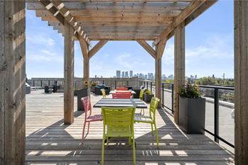 Spectacular rooftop patio with bbq stations, firepits, stylish furniture